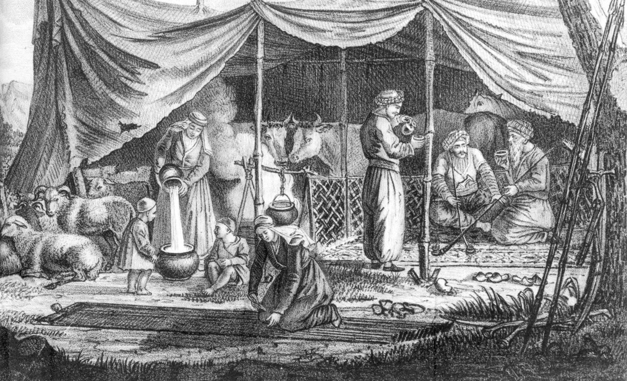 Rodina kurdských nomádů, z Voyage en Perse od Gasparda Drouvilla, vydáno 1825 od French School
