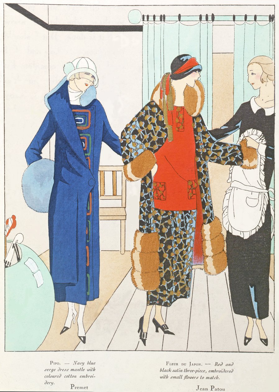 Několik pěkných novinek z Art-Gout-Beaute, kostýmy Premet a Jean Patou, říjen 1923 (litografie) od French School