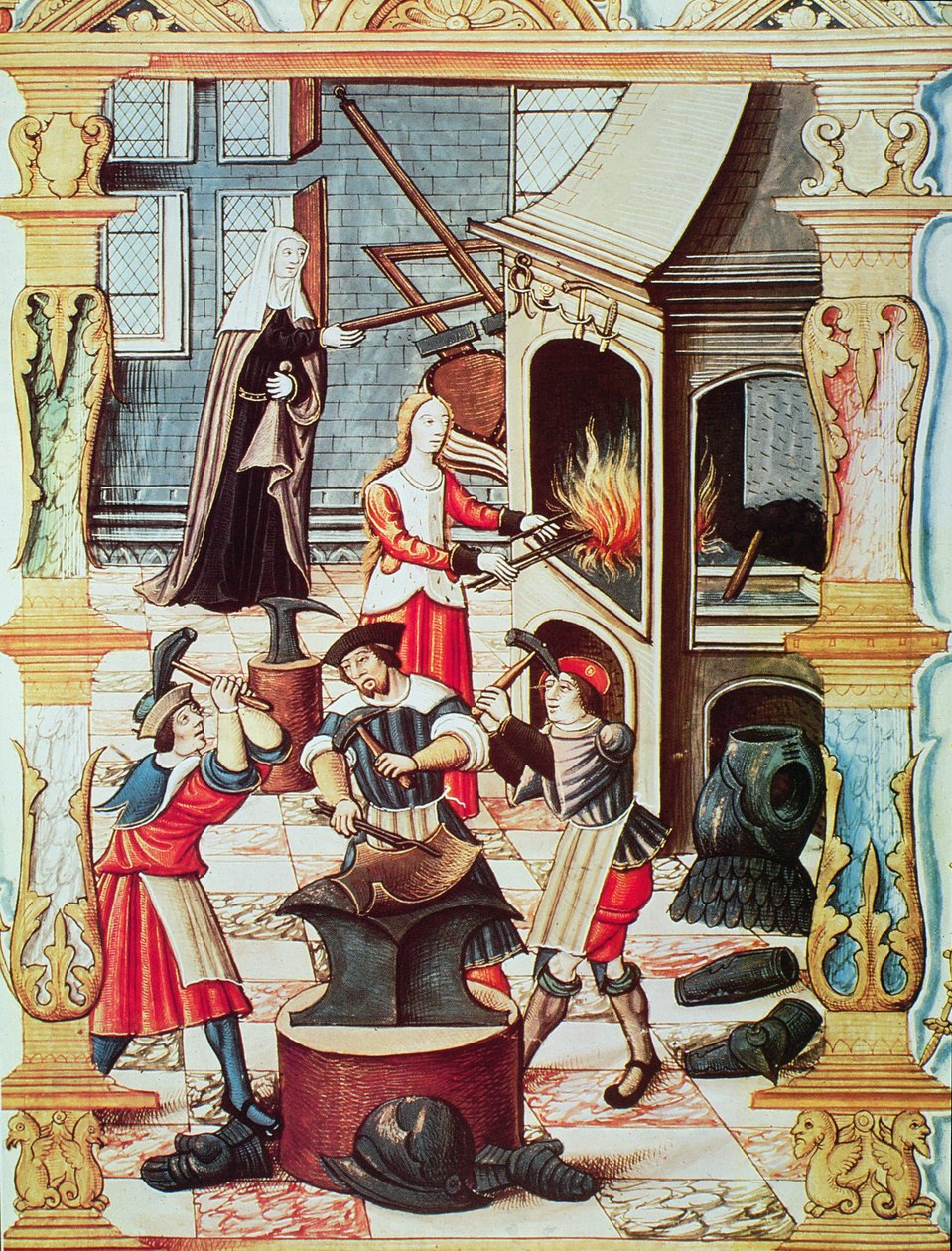 Francouzská kovárna ze 16. století, kopie miniatury z „Chants royaux sur la Conception Couronnee du Puy de Rouen“ (barevné litho) od French School