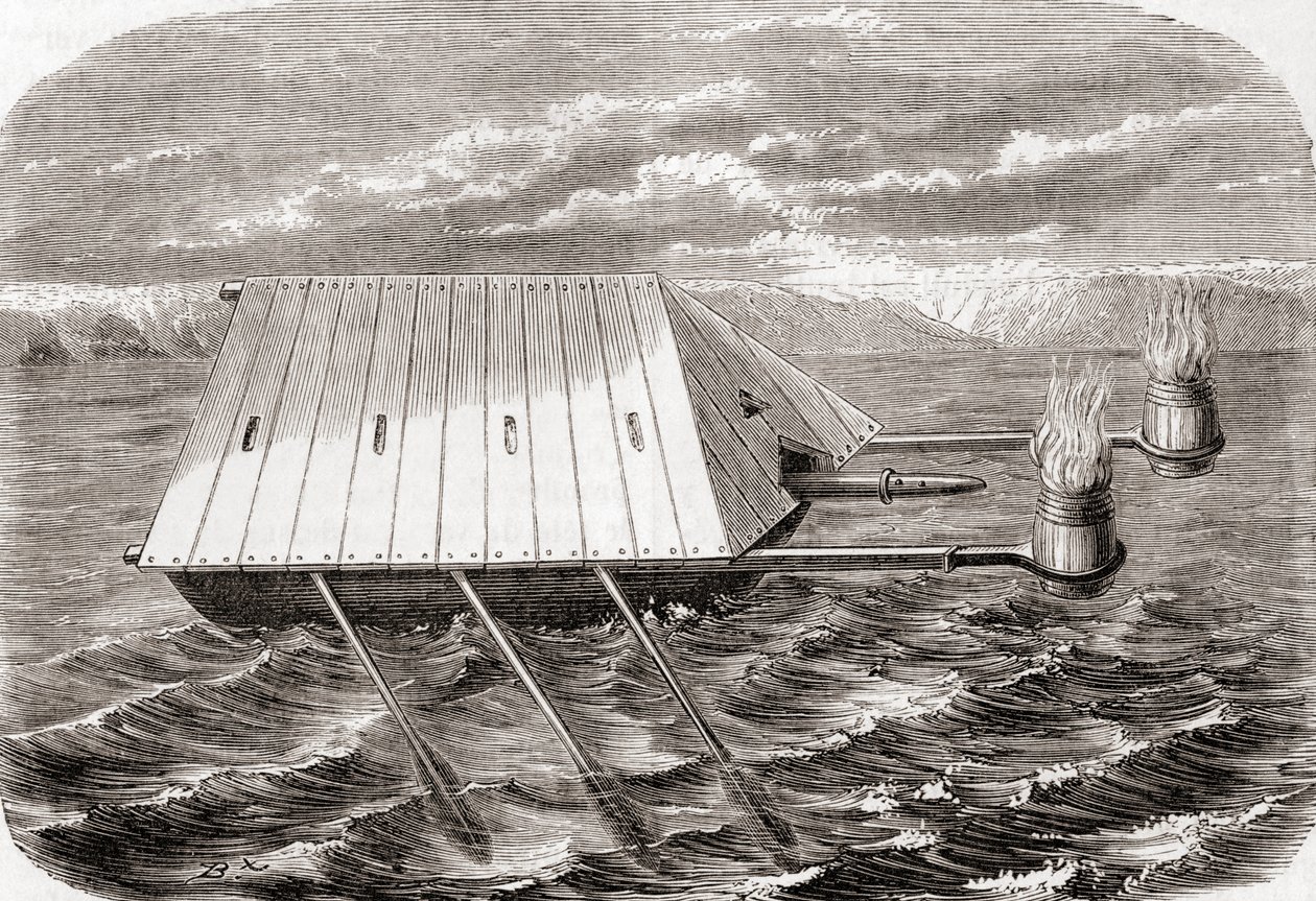 Řecká požární loď, podle kresby v latinském rukopisu ze 13. století, z Les Merveilles de la Science, vydáno kolem roku 1870 (rytina) od French School