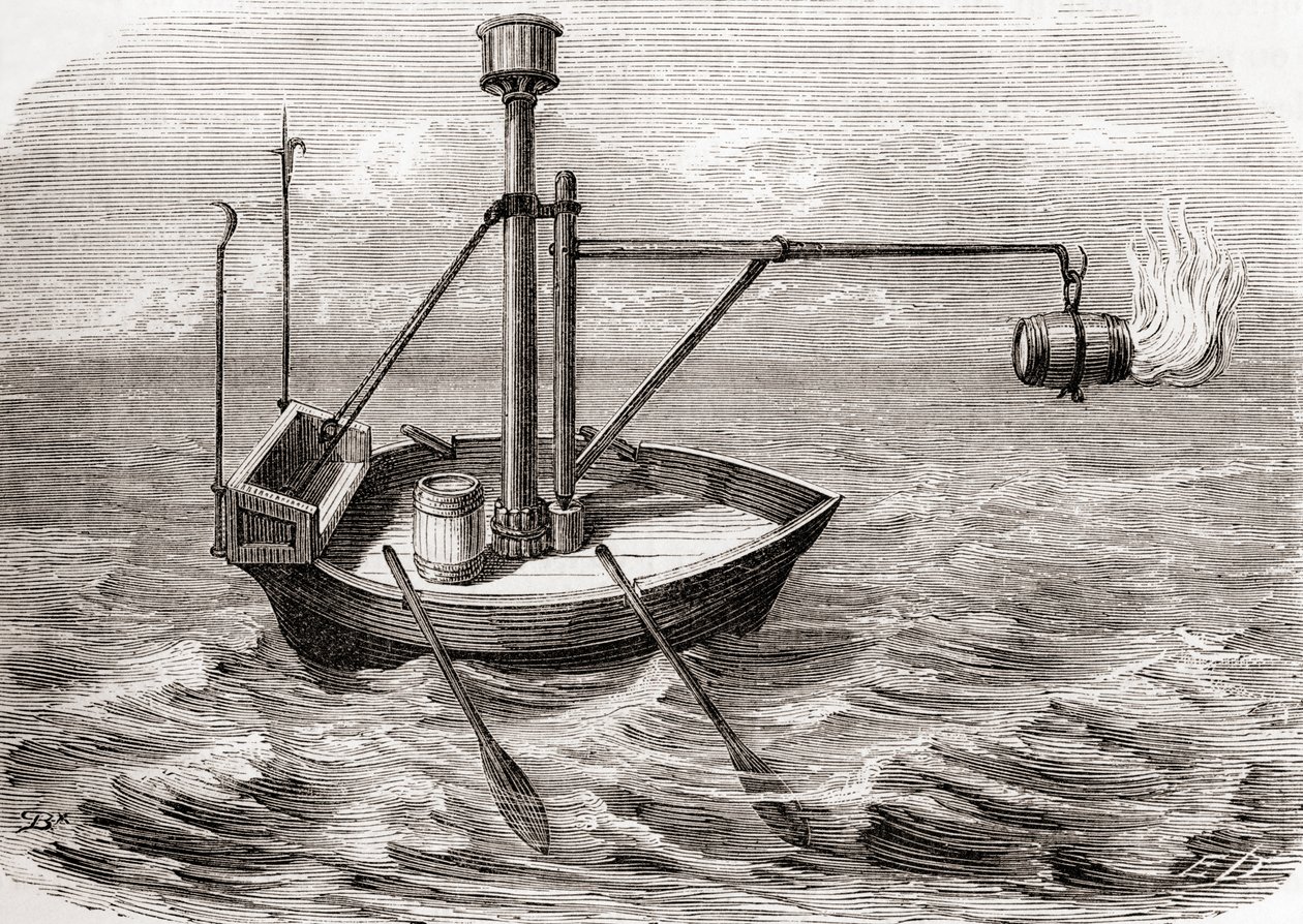 Řecká požární loď, podle kresby v latinském rukopisu ze 13. století, z Les Merveilles de la Science, vydáno kolem roku 1870 (rytina) od French School