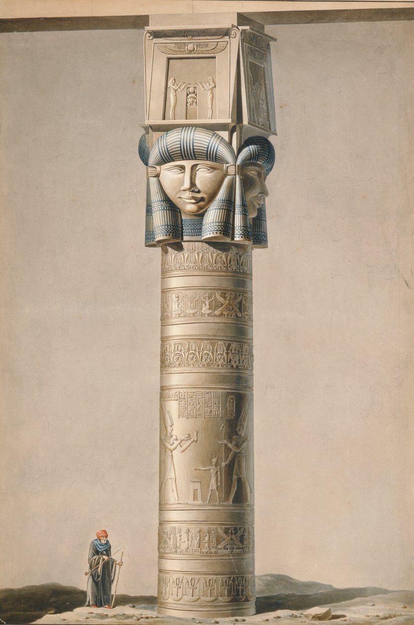 Sloup s hlavicí Hathor v Dendarahu, ilustrace Popisy Egypta od Edmonda Francoise Jomarda (1777-1862) vydané 1809-22 (čb na papíře) od French School