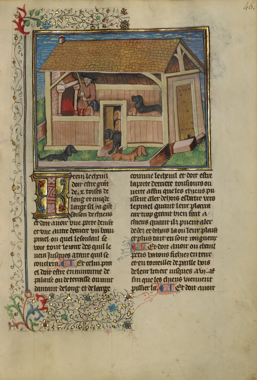 A Hunter Attending to Kenneled Dogs, cca 1430-40 (tempera, zlatá, stříbrná barva a list na pergamenu) od French School