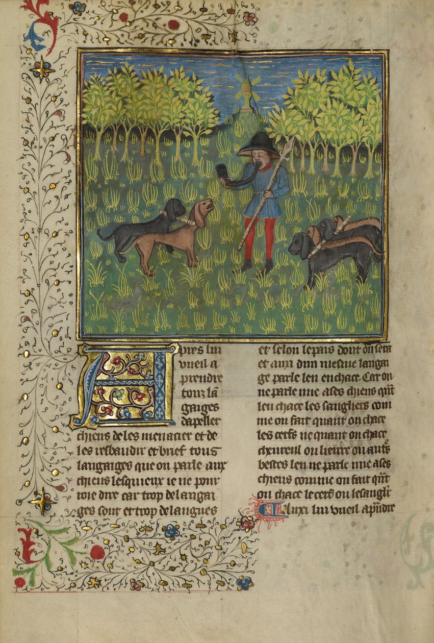 Lovec trénuje psy, aby reagovali na Volání rohu, cca 1430-40 (tempera, zlatá a stříbrná barva a zlatý list na pergamenu) od French School