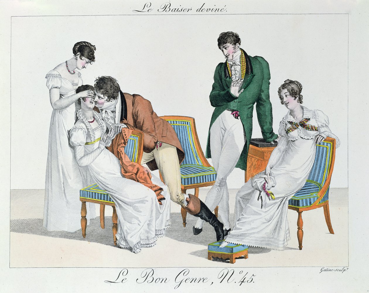 A Kissing Game, počátek devatenáctého století (barevná rytina) od French School