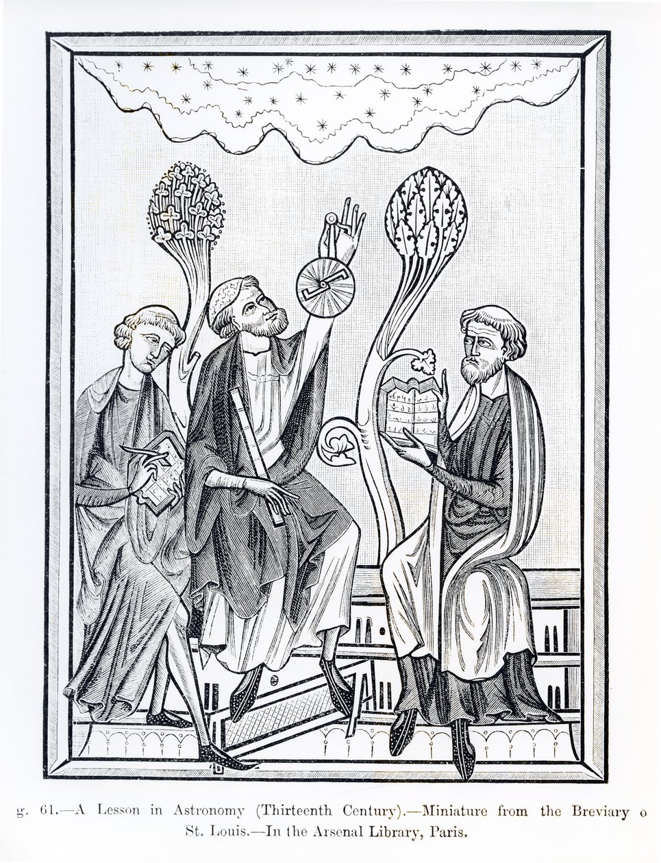 Lekce z astronomie, z Breviáře St. Louis, ilustrace z Vědy a literatury ve středověku a renesanci, napsal a vyryl Paul Lacroix, 1878 (černobílá fotografie od French School