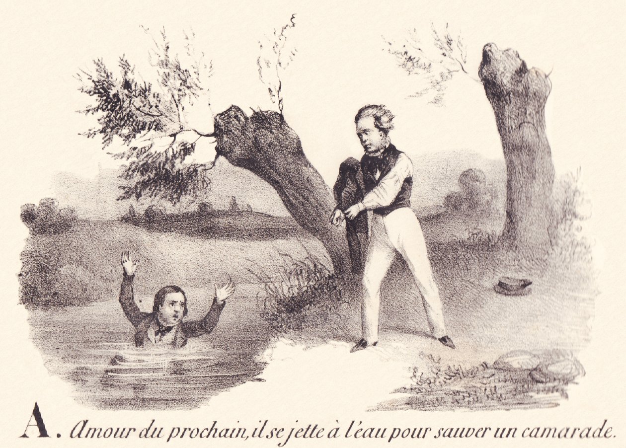 A: Láska k bližnímu, vrhá se do vody, aby zachránil soudruha. od French School
