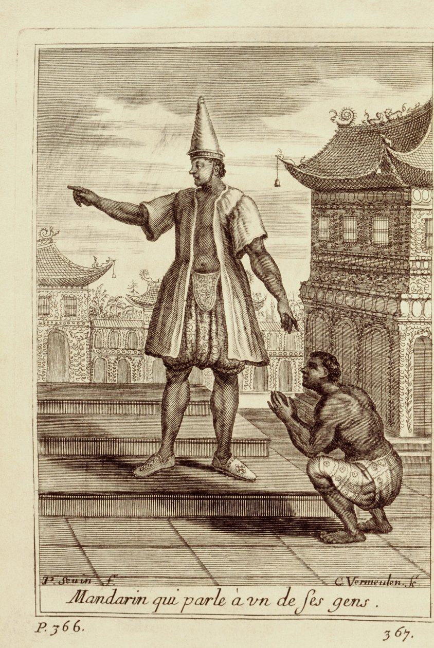 Mandarín hovořící s jedním ze svých lidí, z knihy Guy Tacharda Voyage du Siam des Peres Jesuites, 1688. od French School