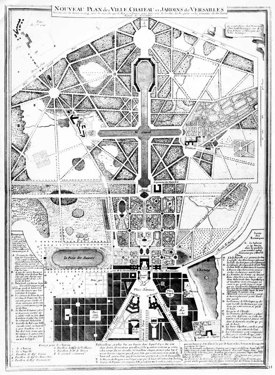 Nový plán města, zámku a zahrad Versailles, 1714 od French School