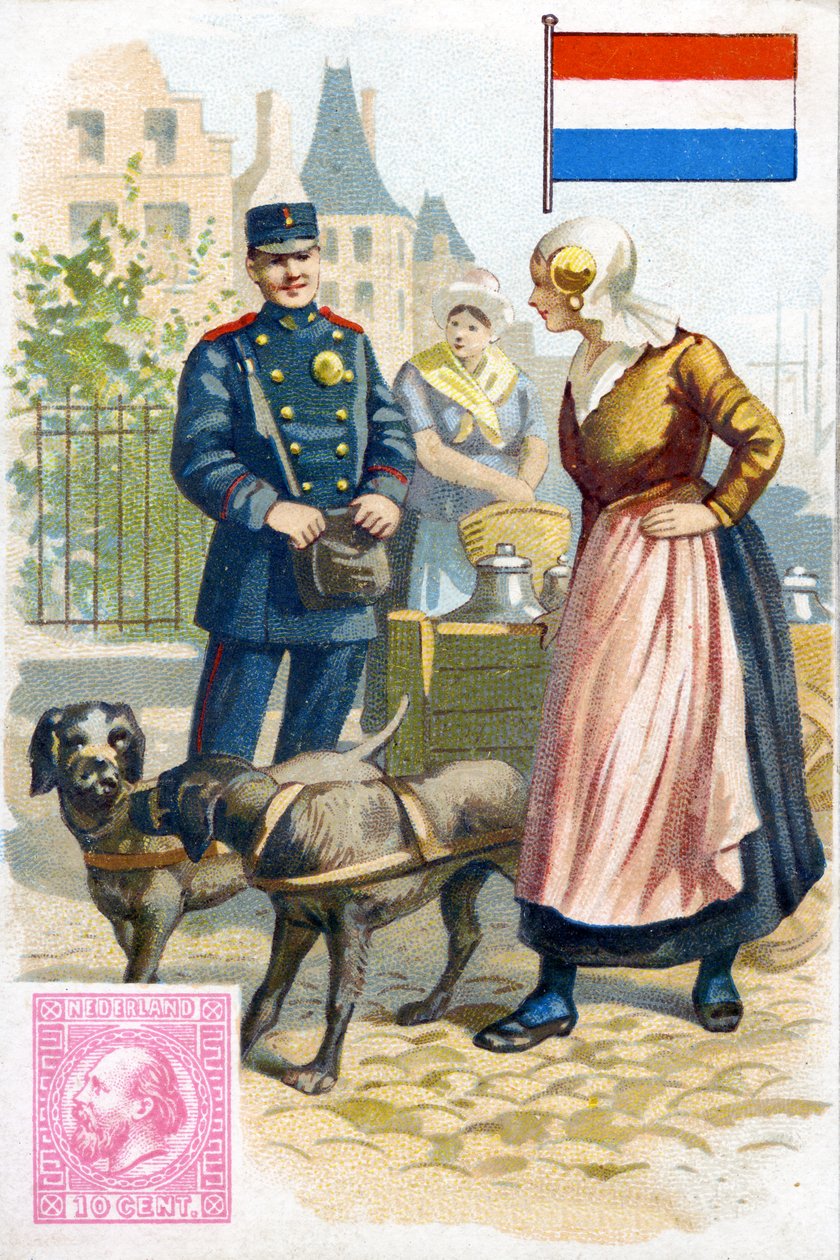 Pošťák v Holandsku hovoří se ženou, která rozváží mléko v psím voze, konec 19. století od French School