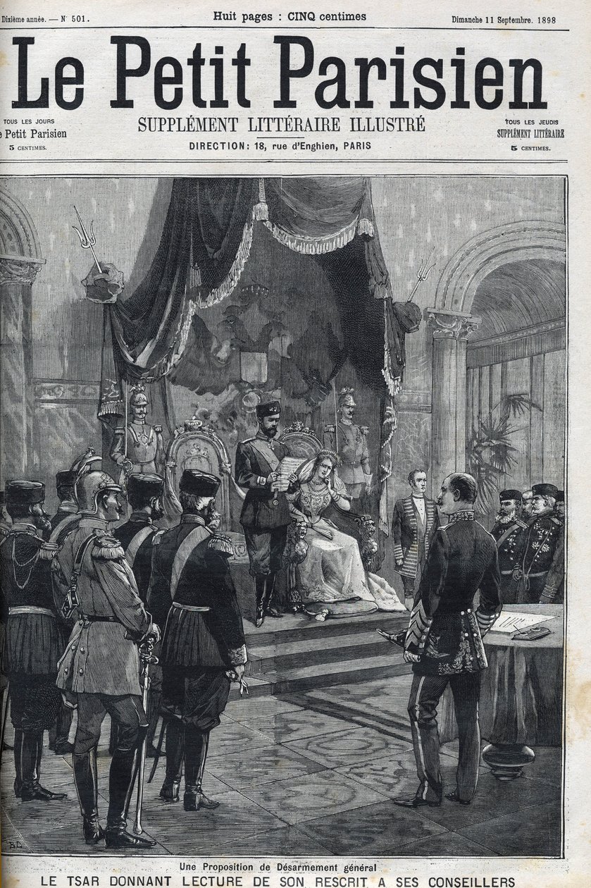 Návrh na všeobecné odzbrojení (předložený evropským mocnostem) – Car Nicholas II (1868-1918) čte svůj rekript svým poradcům. Le Petit Parisien od French School