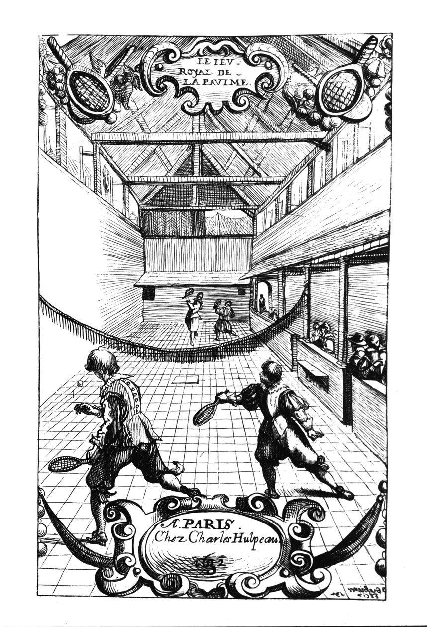 Královská tenisová hra v Jeu de Paume ve Versailles, kterou vydal Charles Hulpeau od French School