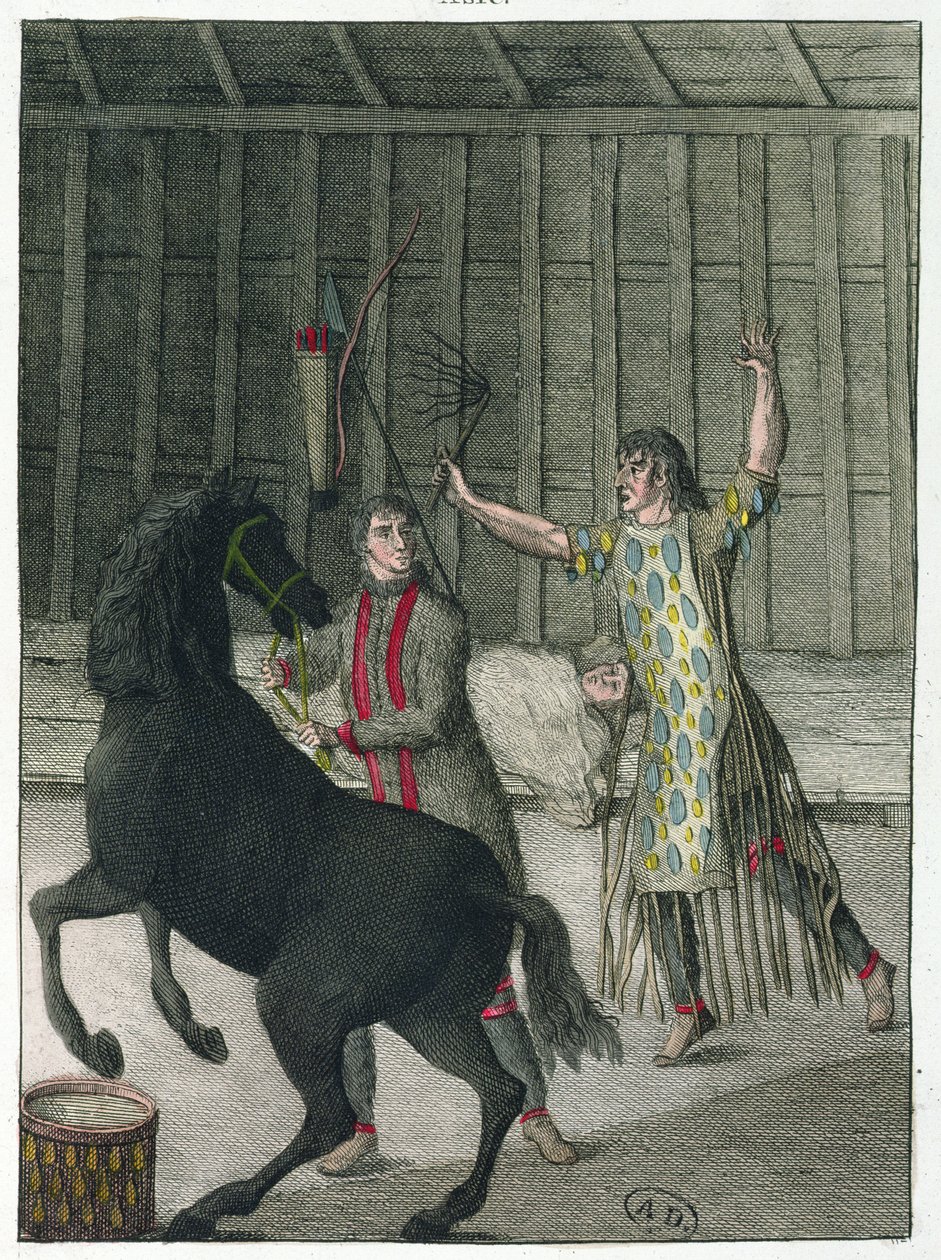 Šaman vyhánějící zlé duchy nemocného, Sibiř, kolem roku 1811 od French School