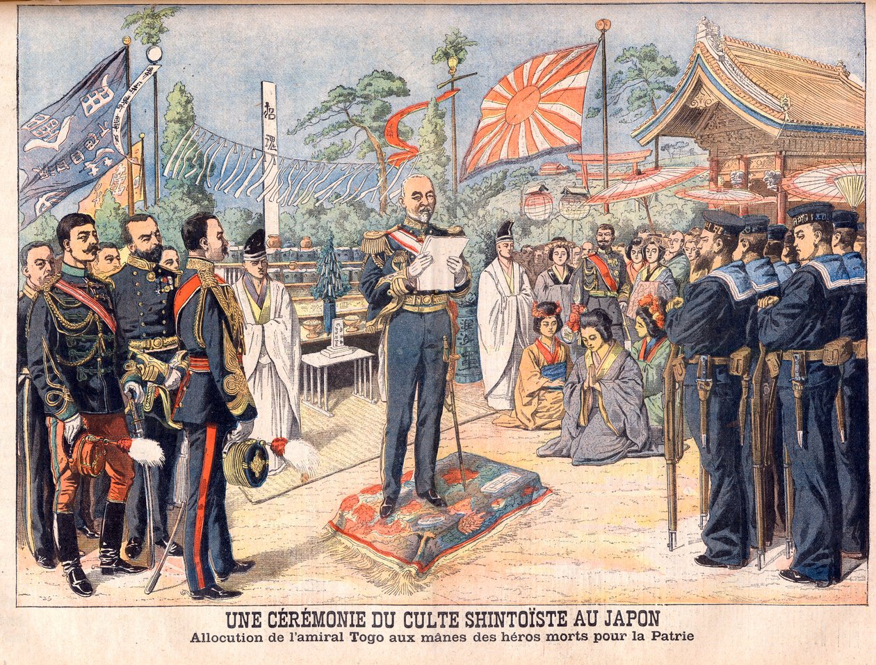 Šintoistický obřad v Japonsku. Admirál Togo promlouvá k duchům japonských hrdinů zabitých v rusko-japonské válce Obřad šintoistického uctívání v Japonsku. Adresa admirála Toga (Togo Heihachiro od French School