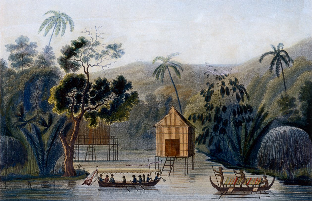 Dům duchů na chůdách v přístavu Offak na ostrově Waigou z cesty kolem světa na Corvette Coquille od poručíka Louise Isodora Duperreyho, 1826 od French School