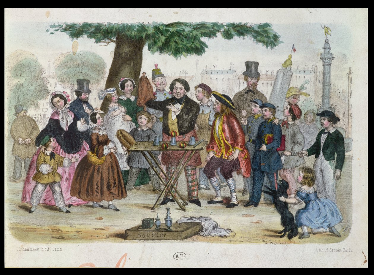 Pouliční kouzelník u náměstí Bastily, Paříž, rytina H. Jannina, asi 1840-50 od French School