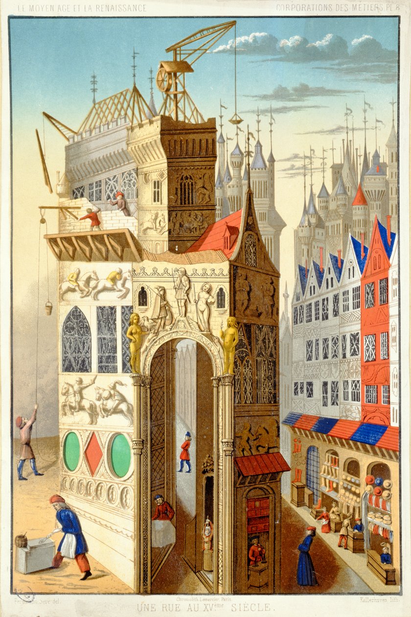 Ulice v 15. století ukazující stavbu věže, od French School