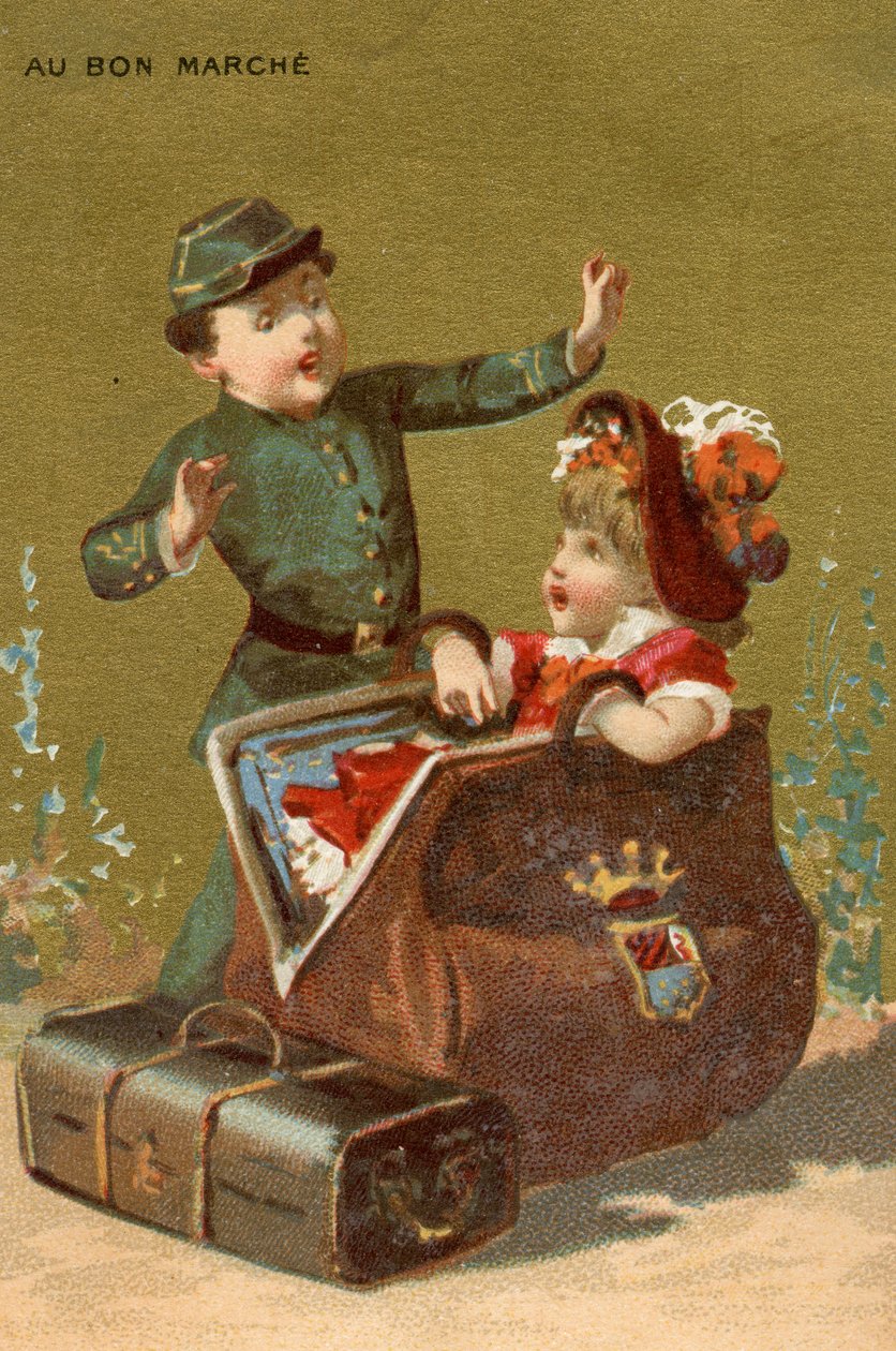Překvapení v zavazadlech, ze série ilustrací dětí, vyrobených jako propagační karty pro obchodní dům Bon Marché v Paříži, kolem roku 1890 od French School