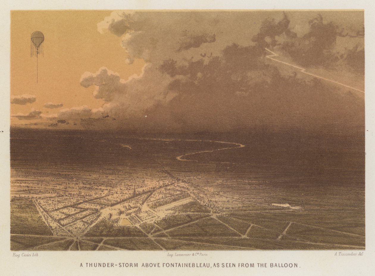 Bouřka nad Fontainebleau při pohledu z balonu (barevná litografie) od French School