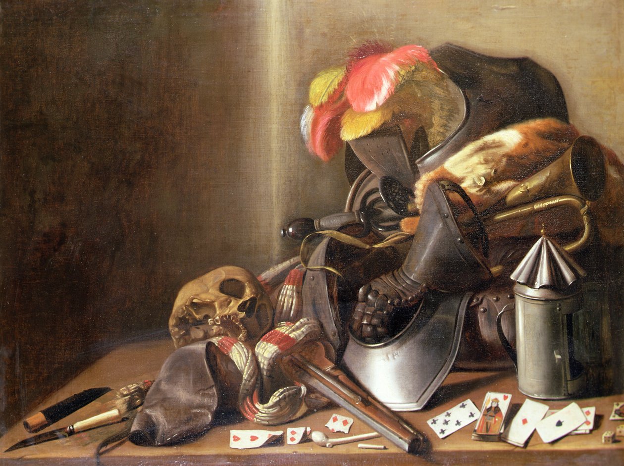 Zátiší Vanitas s lebkou, hracími kartami a brněním, cca 1650 (olej na plátně) od French School