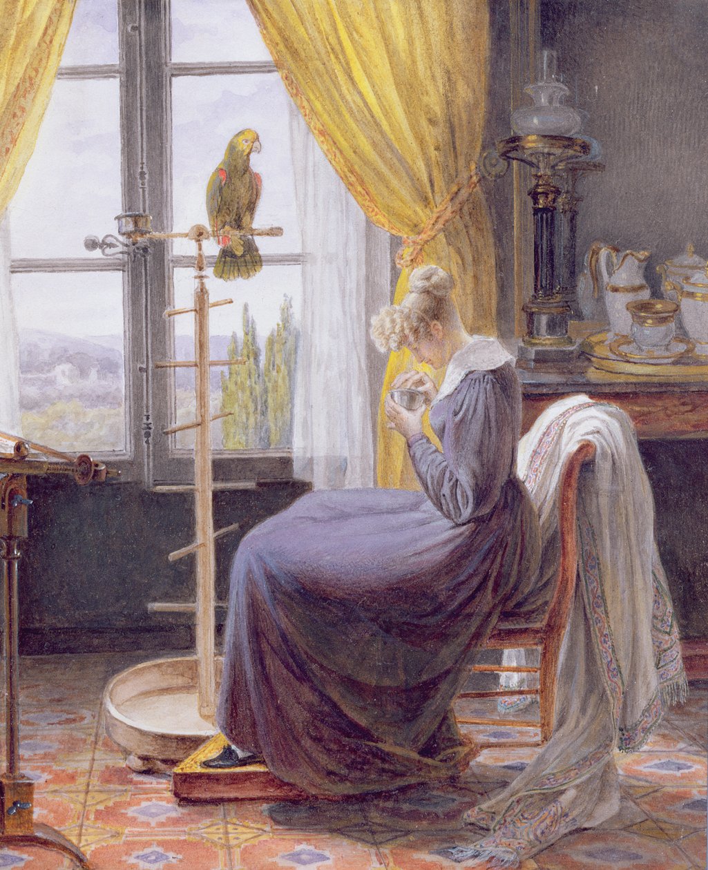 Žena krmící papouška v interiéru, cca 1820 (Wc s kvašem na papíře) od French School