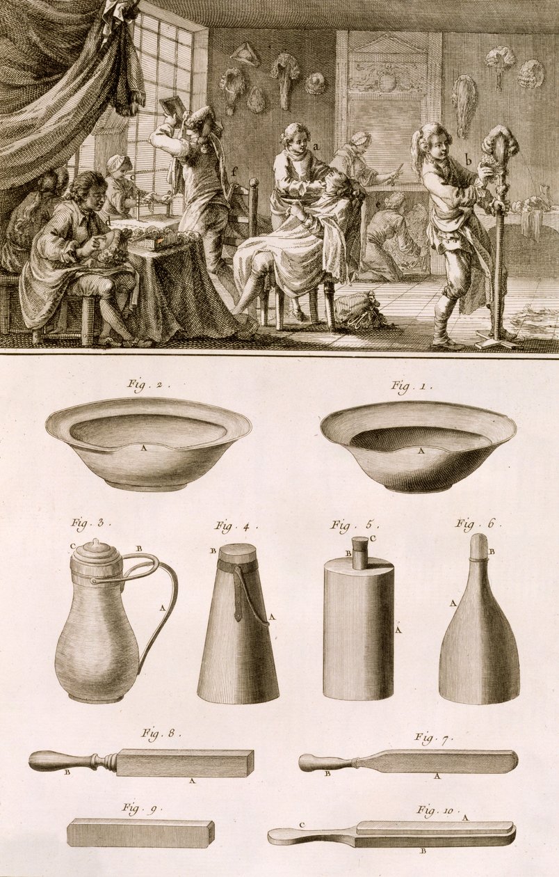 Holičství a holičské nástroje, z Encyclopedie des Sciences et Metiers od Denise Diderota (1713-84) vydané kolem roku 1770 od French School