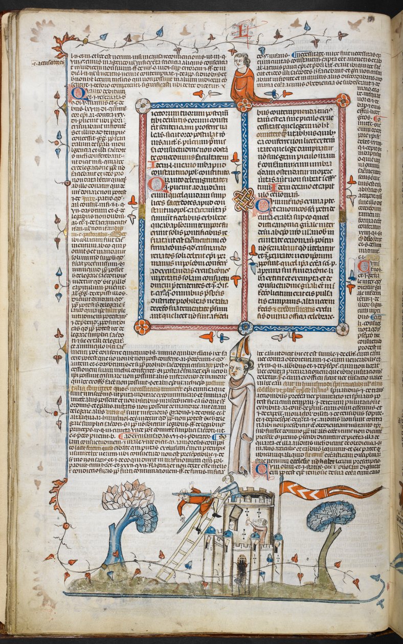 Bas-de-page scéna muže, který se pokouší napadnout hrad, je zabit jedním z obránců, ze Smithfield Decretals, Royal 10 E. IV, f.18v od French School