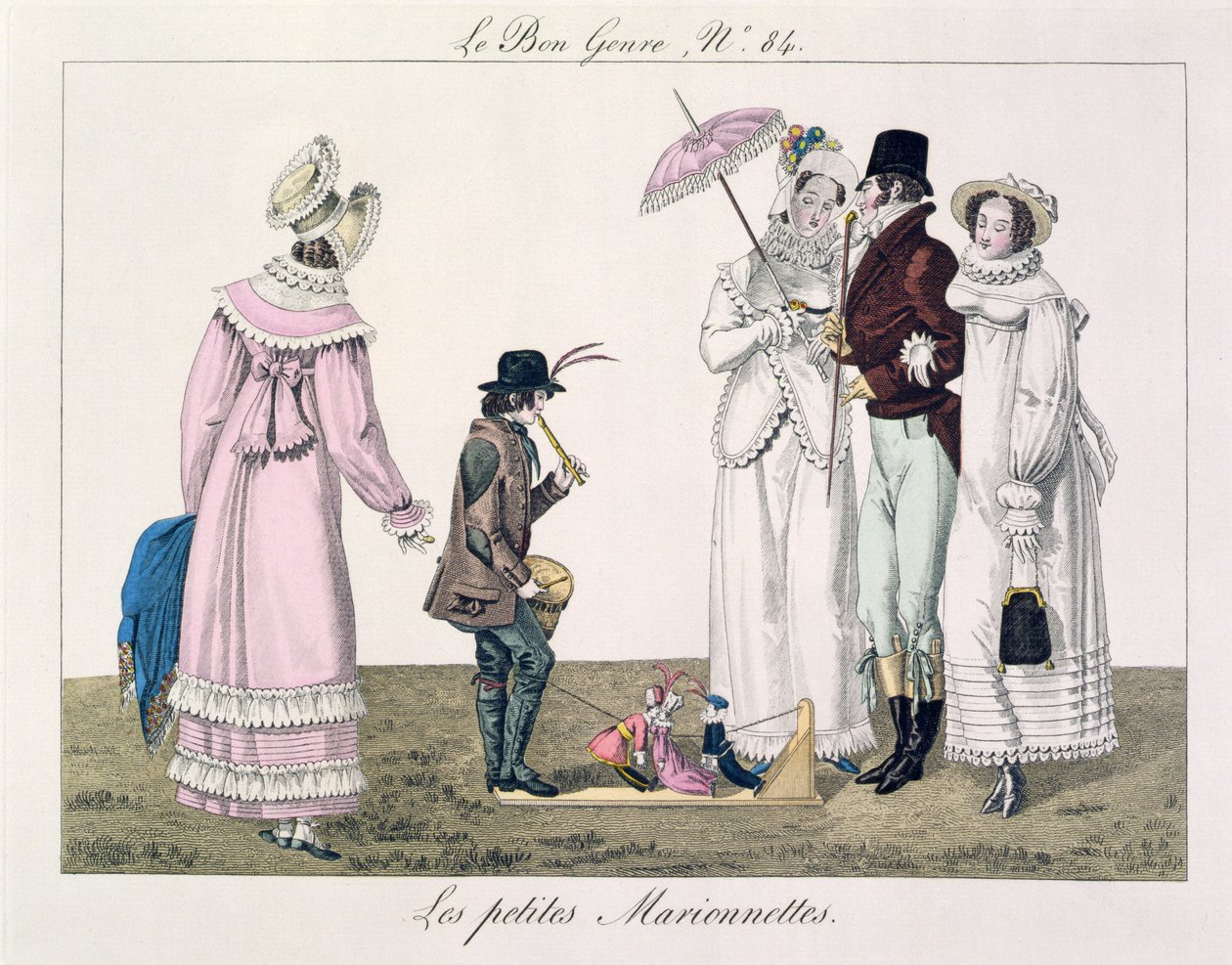Chlapec bavící se tančícími loutkami, deska 84 z le Bon Genre, kolem 1810 (barevná rytina) od French School
