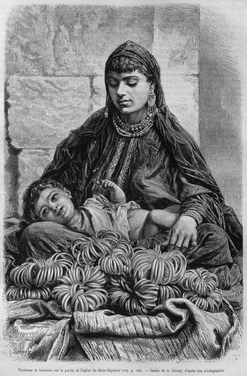 Prodejce náramků poblíž kostela Božího hrobu, dnes ze Sýrie. Cestuje po Fénicii, Libanonu a Judeji. 1875-1880 Louis Charles Emile Lortet, 1884 (č. rytina) od French School