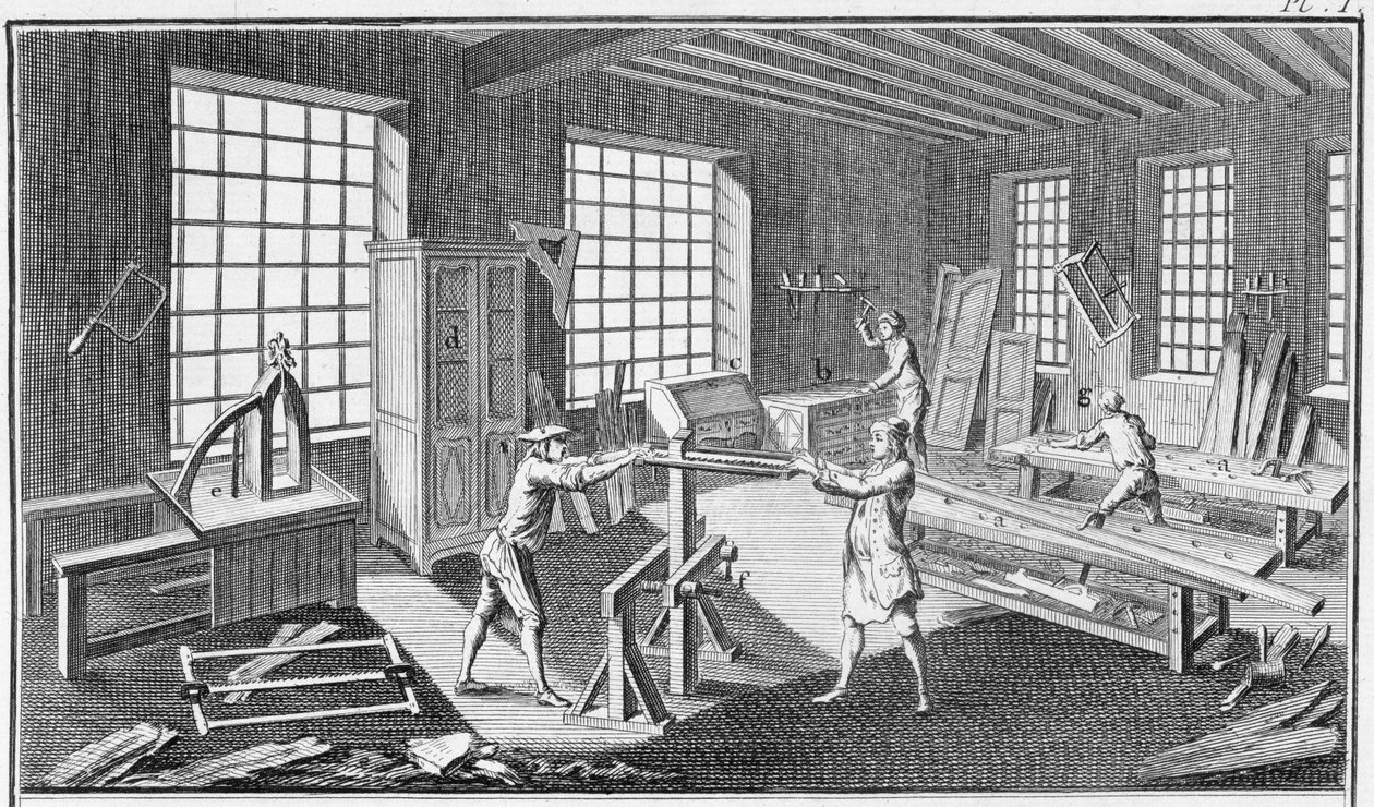 Truhlářská dílna z Encyklopedie des Sciences et Metiers od Denise Diderota (1713-84) vydané kolem roku 1770 od French School