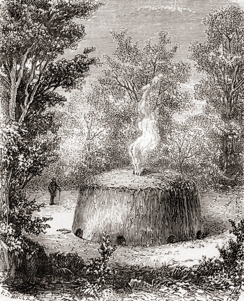 Pec na dřevěné uhlí v lese, po kresbě z 19. století, z Les Merveilles de la Science, vydáno kolem roku 1870 (rytina) od French School