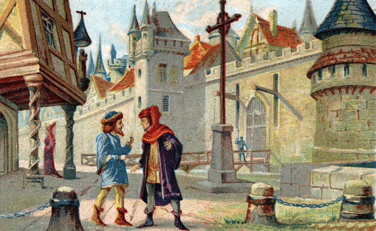 Město ve středověku. Chromolitografie konce 19. století. od French School