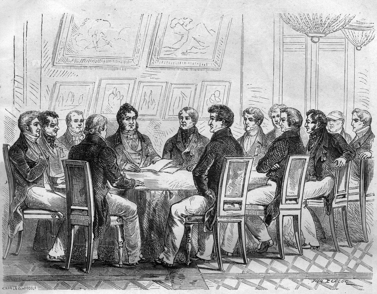 Smiřitelný zástupce buržoazie v Palais Royal v Paříži za Karla X. a restaurování. Rytina v „Historie papežů-králů-královen a císařů v průběhu staletí““ od Maurice Lachatre od French School