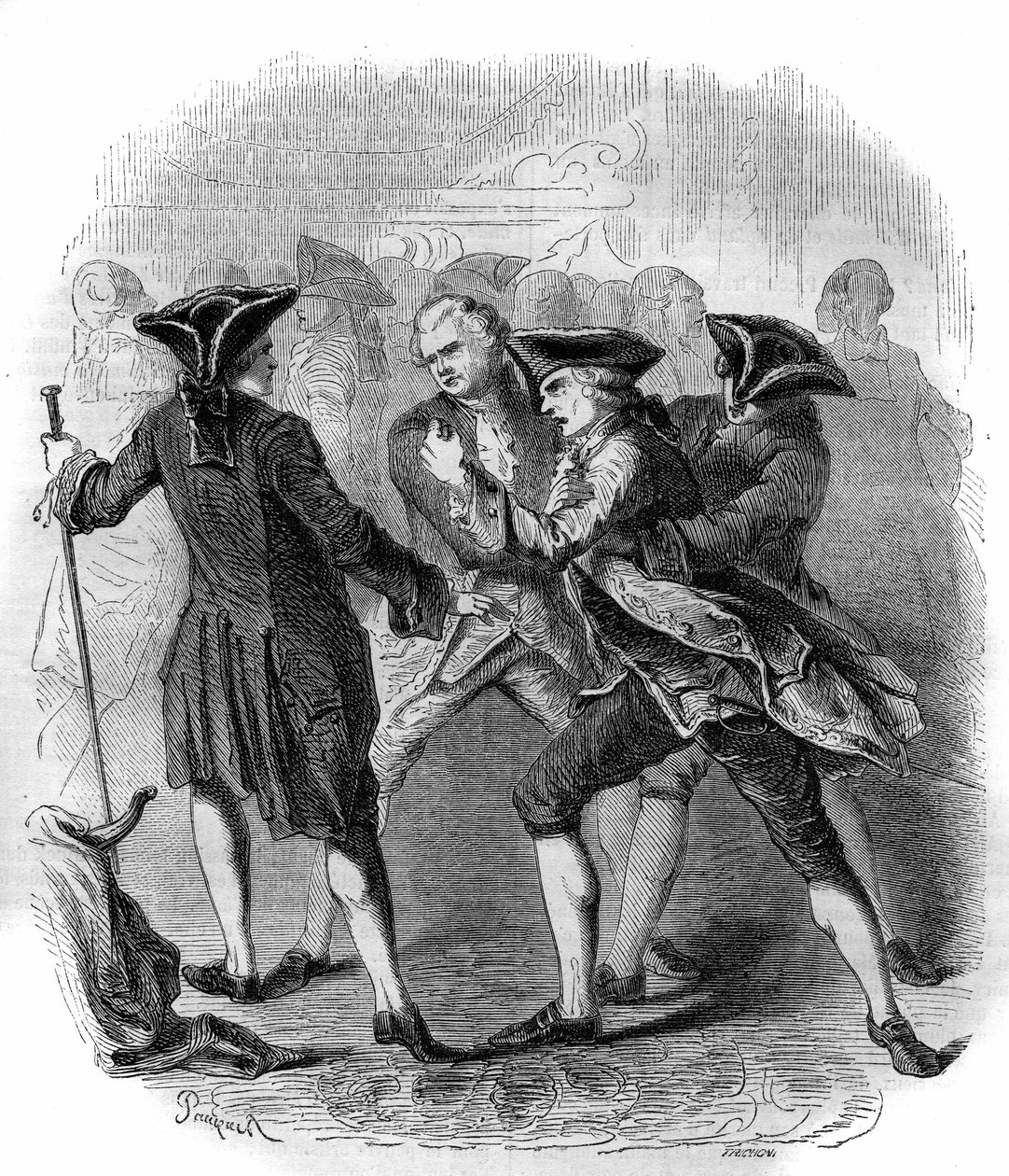 Konfrontace mezi ""Gluckistes"" a ""Piccinistes""" ilustrující rivalitu mezi skladateli Christophem Willibaldem Gluckem a Niccolo Vito Piccinni. Rytina z roku 1856. od French School
