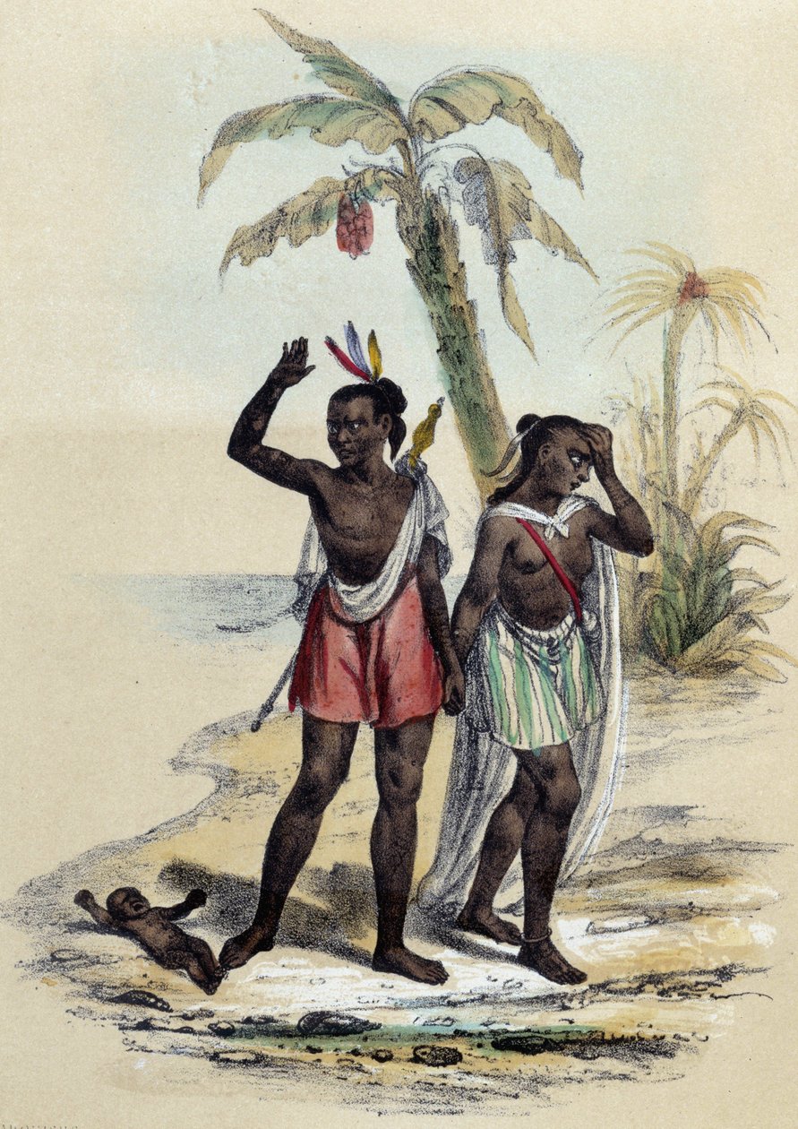Pár a dítě na pláži; ilustrace pro markýzy, -in „Les dvanáct národů““ od M.E Fouineta od French School