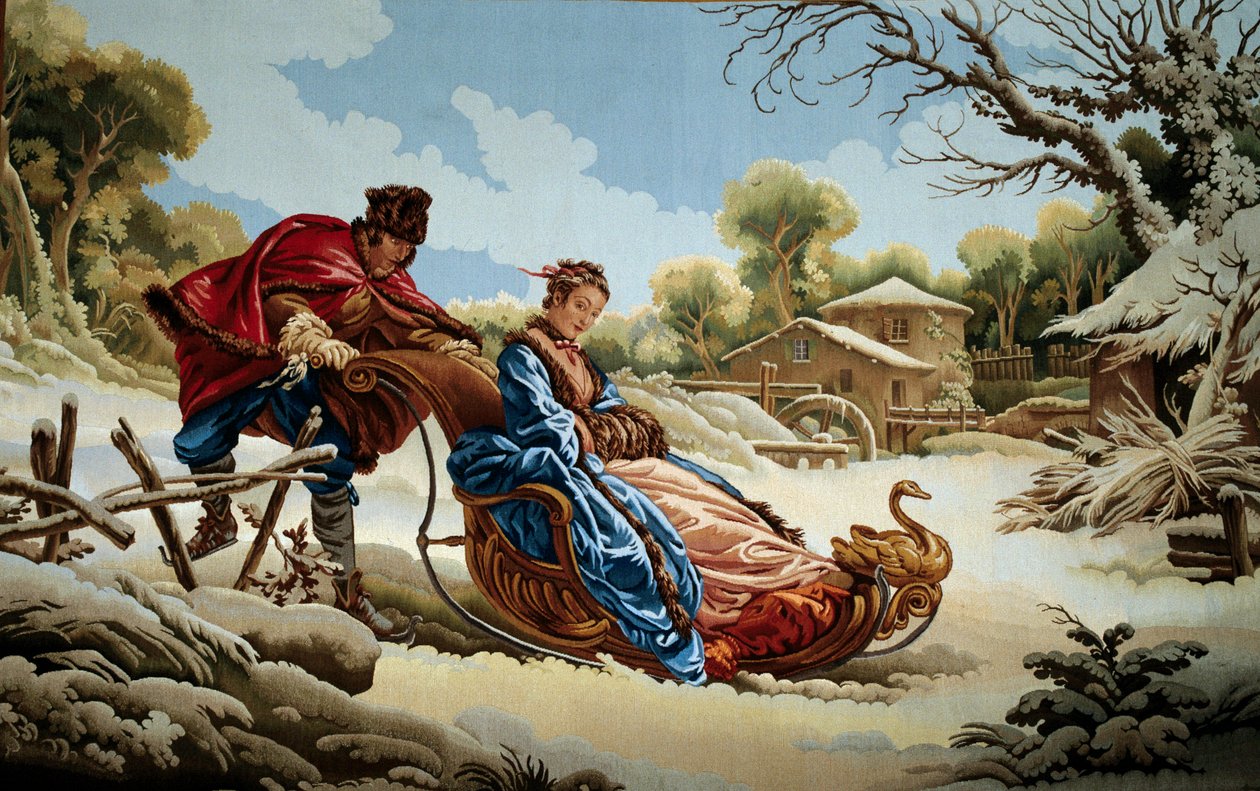 Pár na saních v Rusku Gobelín Aubussonských manufaktur. 18. století. Aubusson, Muzeum gobelínů od French School