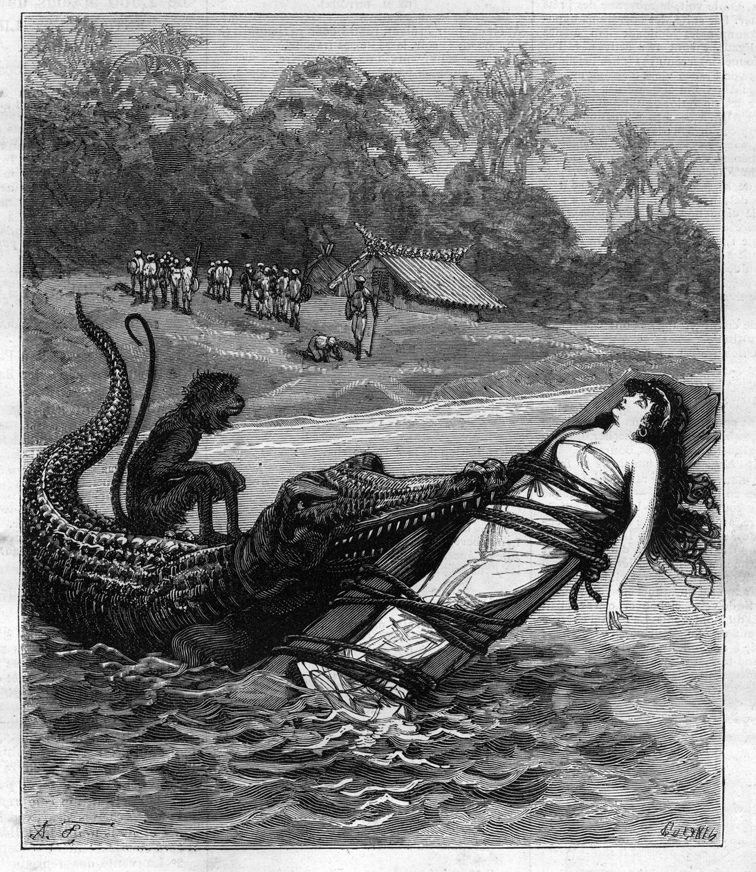 Krokodýl se chopí dřevěné desky, ke které je připevněna žena. Ilustrace „“ Cesta kolem světa námořníka Biribi“ od Theodore Labourieu a Saint Vrin (Saint-Vrin). Rytina z roku 1880 v soukromé sbírce „La republique illustree“. od French School