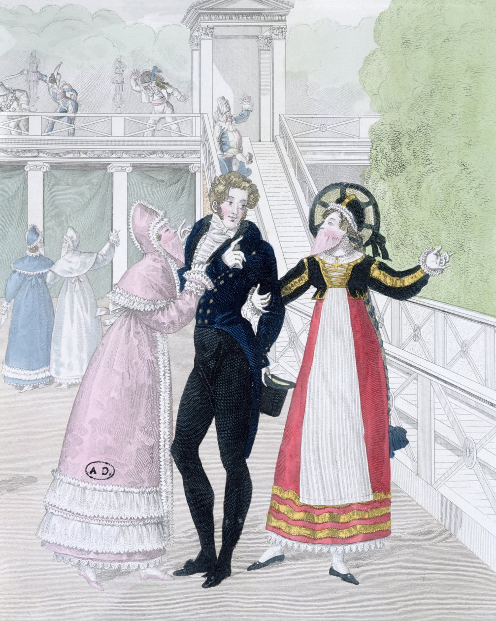 Dandy, kterému se dvoří dvě maskované ženy, ze série Le Bon Genre (ručně kolorovaná rytina) od French School