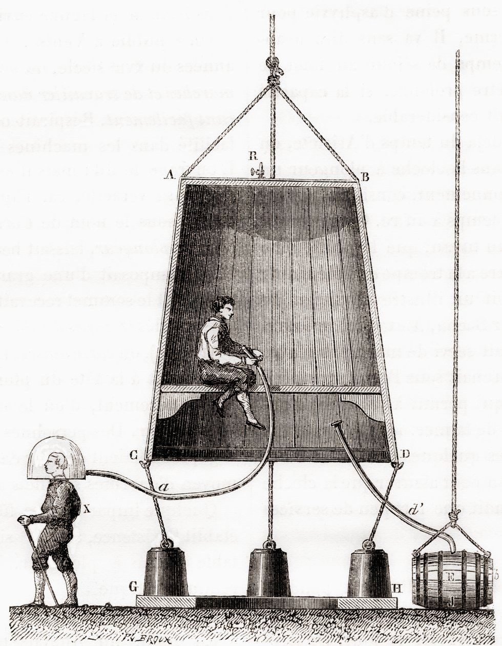 Potápěčský zvon postavený Halleyem v roce 1691, z „Les Merveilles de la Science“, publikovaný kolem roku 1870 (rytina) od French School