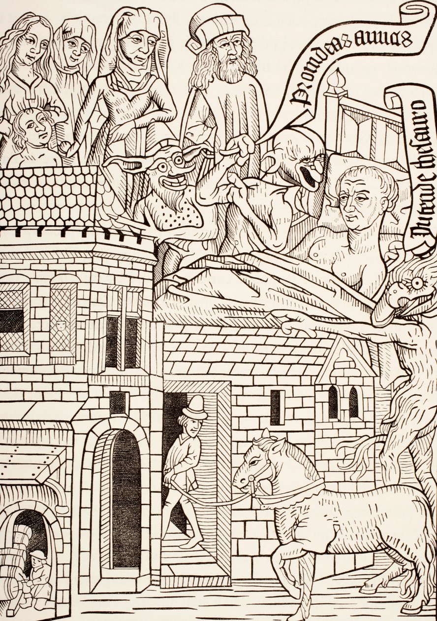 Umírající hříšník obklopený svou rodinou a dvěma ďábly mu šeptají do ucha, stránka z textu z 15. století Ars Moriendi aneb Umění umírat, z Les Artes au Moyen Age, vydáno 1873 od French School