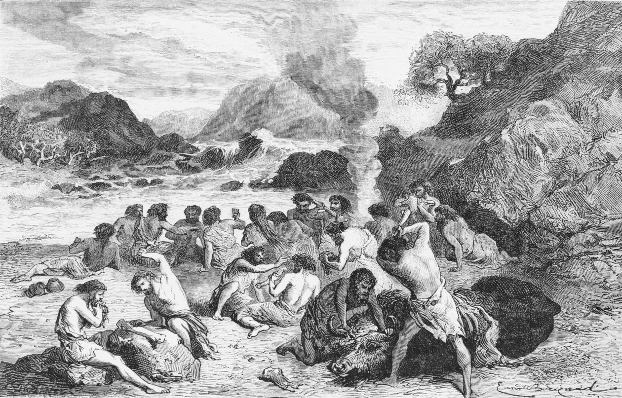 Hostina v době kamenné, ilustrace z LHomme Primitif od Louise Figuiera, vydal Hachette, 1870 od French School