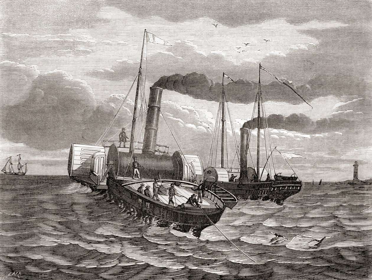 První pokus Anglo-francouzské telegrafní společnosti Johna Watkinse Bretta z roku 1850 o položení první linky pod Lamanšským průlivem z Doveru do Calais pomocí přestavěných remorkérů Goliath a Widgeon, z knihy Les Merveilles de la Science, vydané kolem rok od French School
