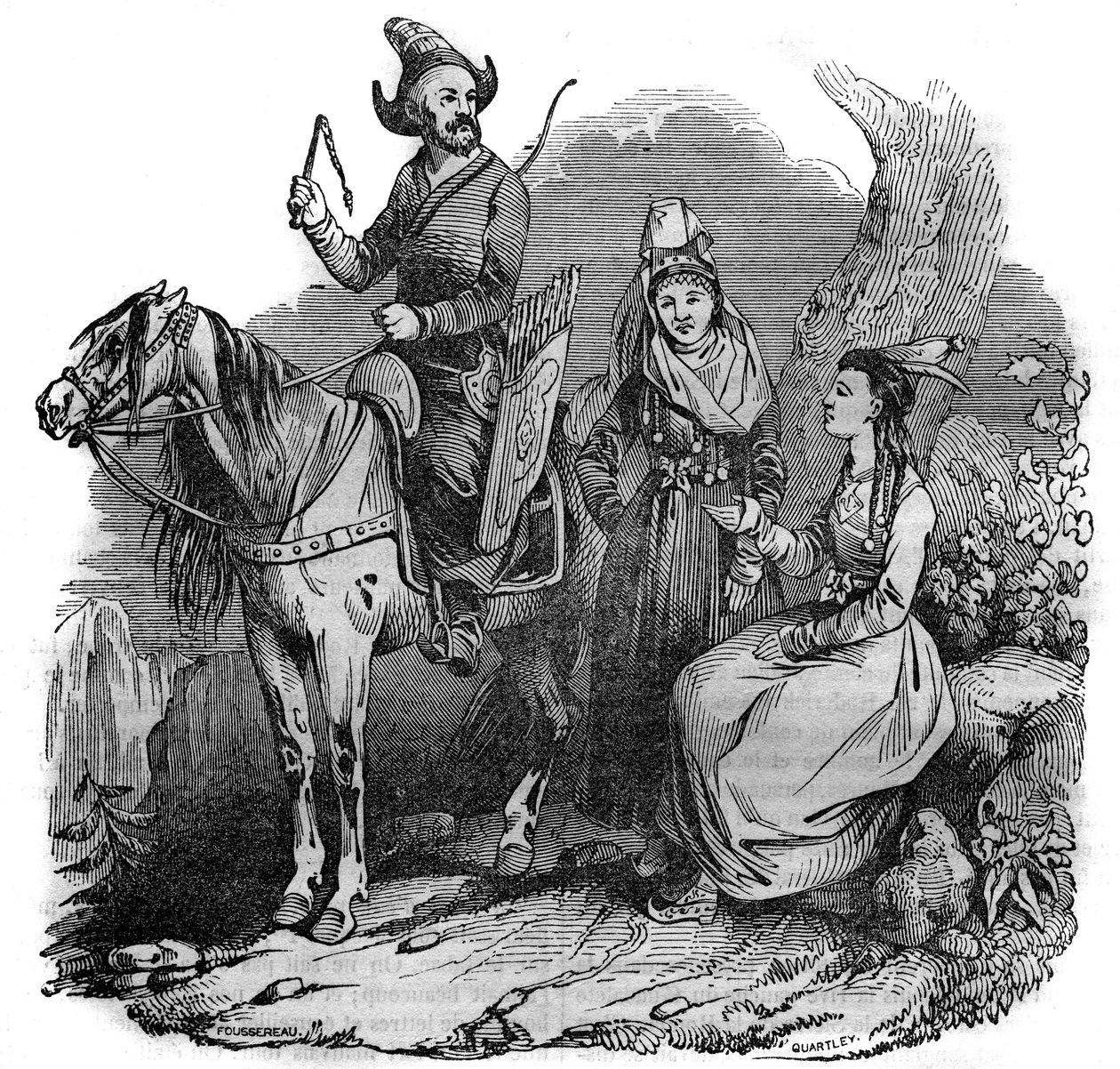 Skupina kyrgyzských (kyrgyzských) kozáků v tradičním kroji. V "" Malebném obchodě "" 1835 od French School