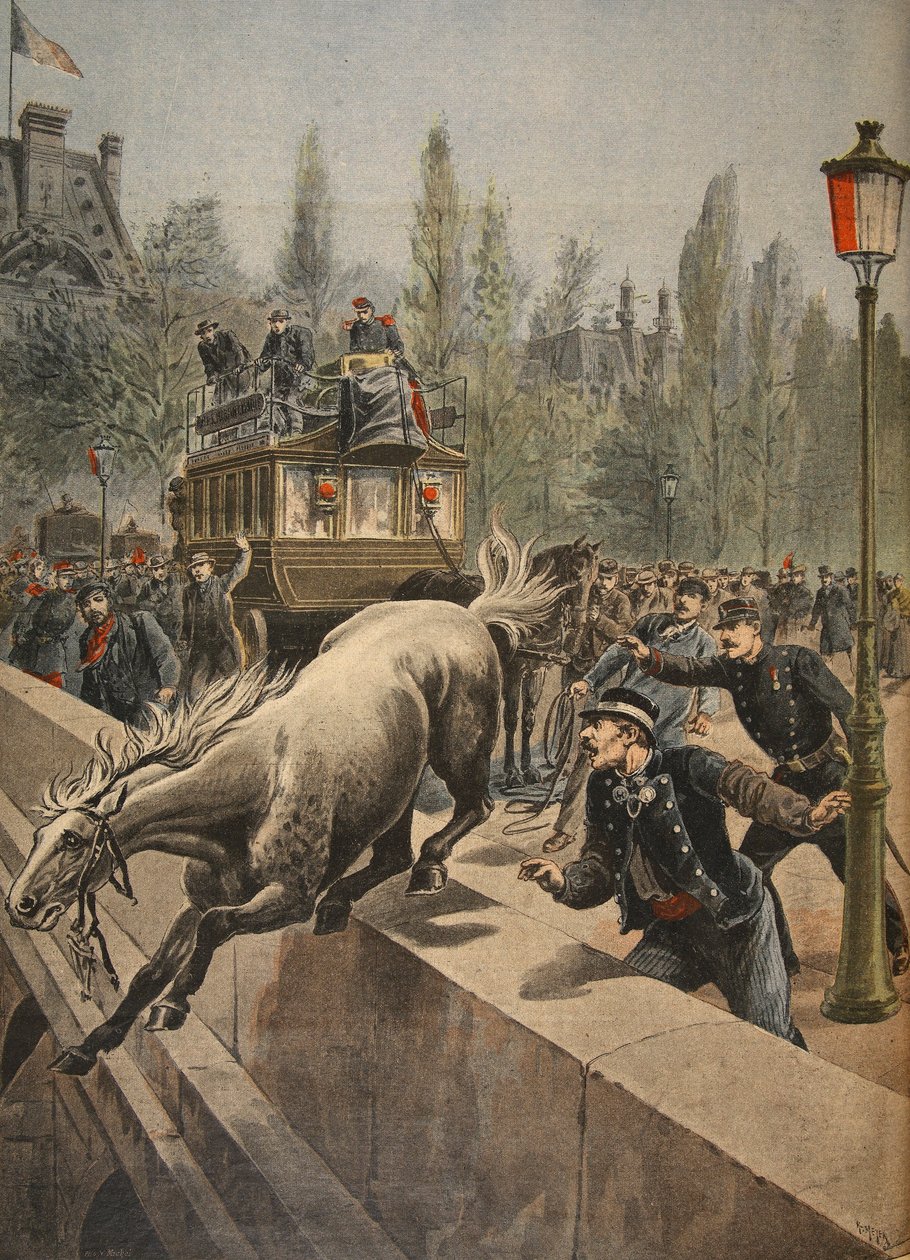 Kůň páchající sebevraždu, ilustrace z Le Petit Journal: Supplement illustre, 1898 od French School