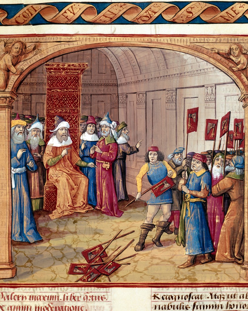 Král obdrží prapory a miniaturní sekery z "" Dicta et deeds memorabilia" od Valere Maxime (Valerius Maximus) (1. století př. n. l.) 1410 Chantilly, Musée Conde od French School
