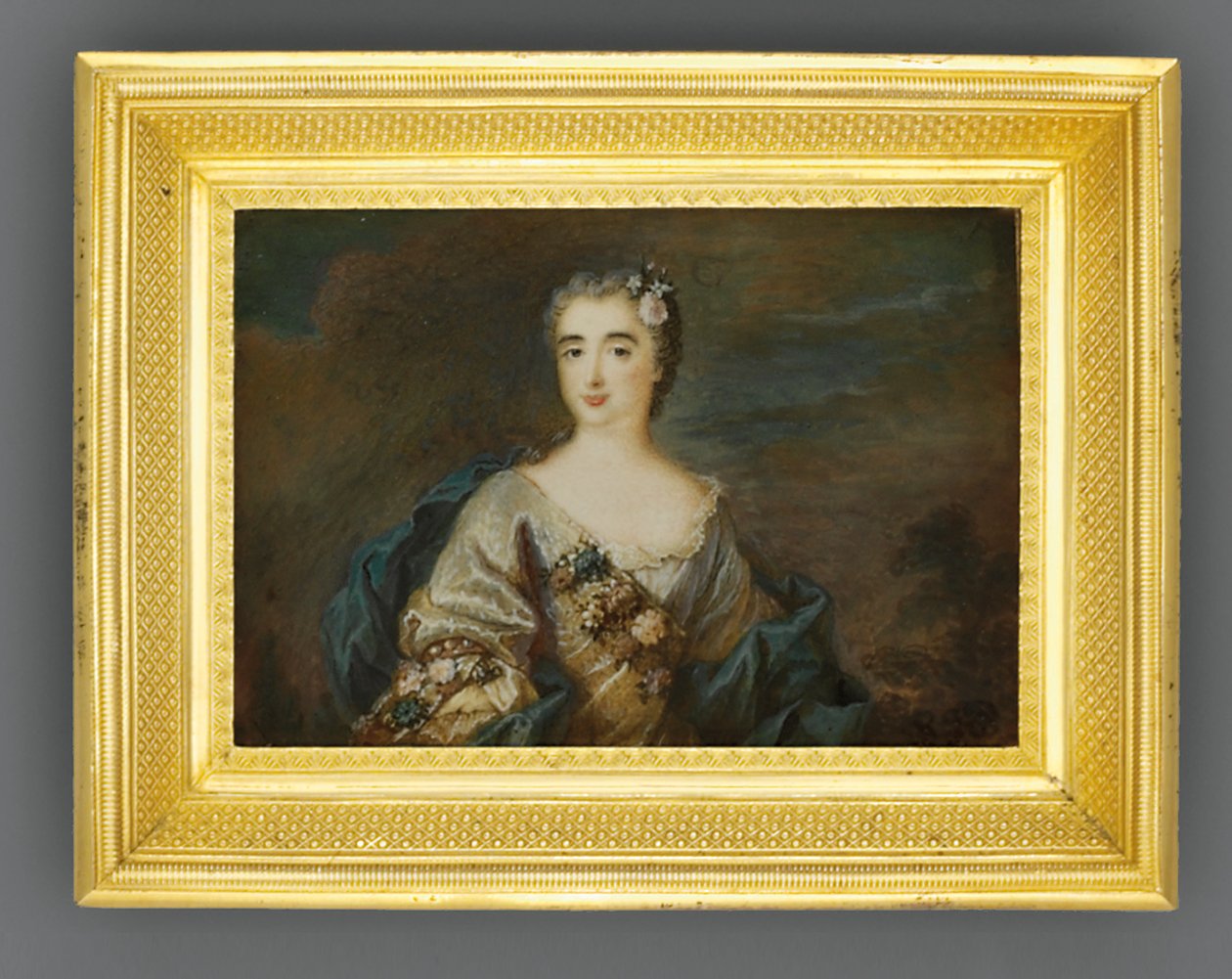 Dáma jménem Louise-Jeanne de Durfot, vévodkyně de Mazarin et de la Meilleraye, kolem roku 1750 (akvarel na slonovině) od French School