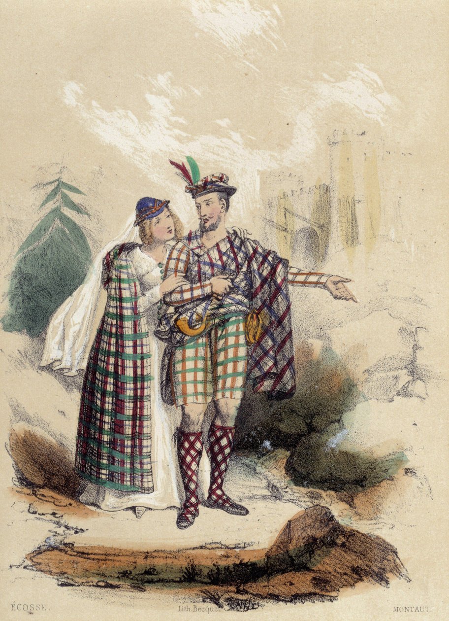 Muž nesoucí kilt a jeho společník před hradem; ilustrace pro Skotsko, -v „Dvanácti národech“ od M.E Fouineta od French School