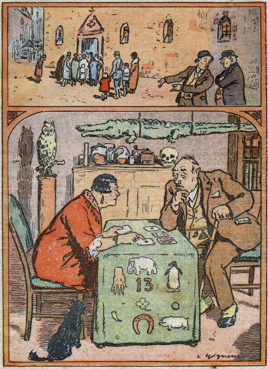 Muž, který se vysmívá fideles jdoucí na mši . Tentýž muž pozorně naslouchá slovům věštce. Karikatura v "Le Pelerin" 26. února od French School