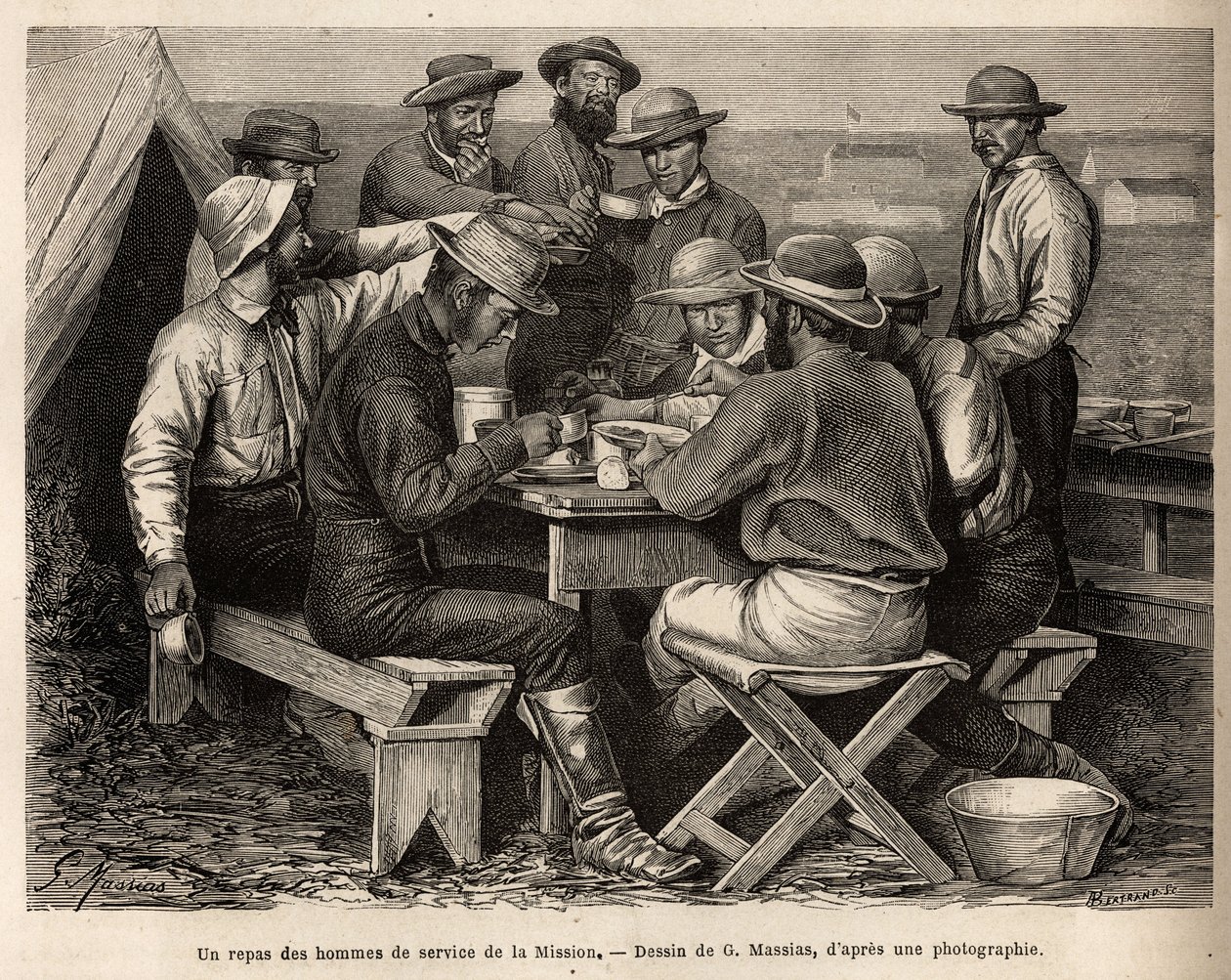 Jídlo služebníků mise z roku 1872 v táboře před prvním polním průzkumem, vyryté podle kresby G. Massiase, ilustrující soubor geografických misí přes Národní park Spojených států v letech 1870 až 1872 , podle od French School