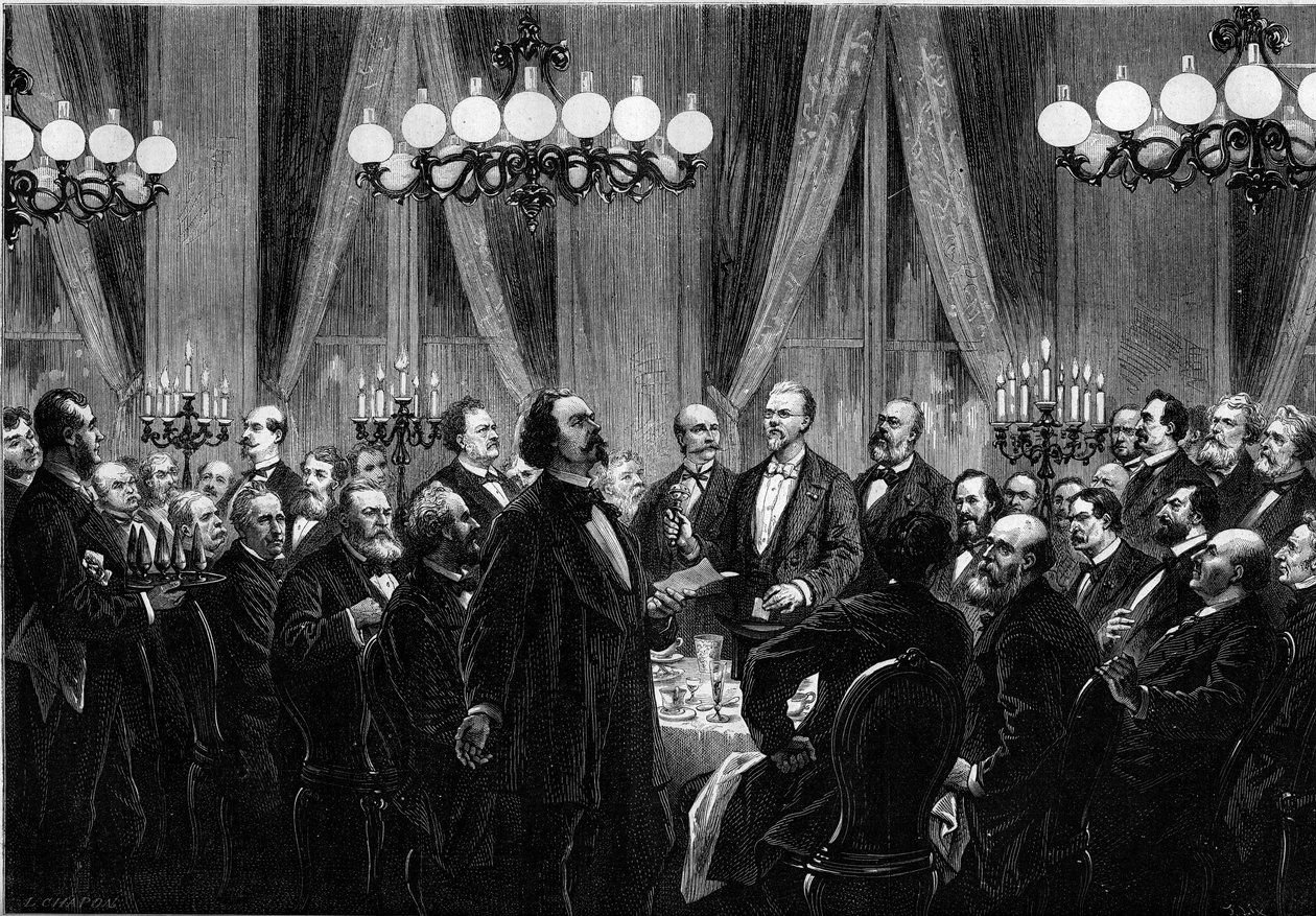 Setkání „Societe du Caveau““ v roce 1879, kde se scházejí osobnosti ze scény na večeři se zpěvy, kde každý skládá písně. Zpěvák Duprez, Clairville (Louis Francois Nicolaie od French School